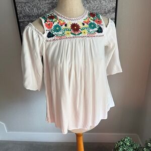Wrangler Embroidered Peasant Top Cold Shoulder Bohemian Blouse Medium